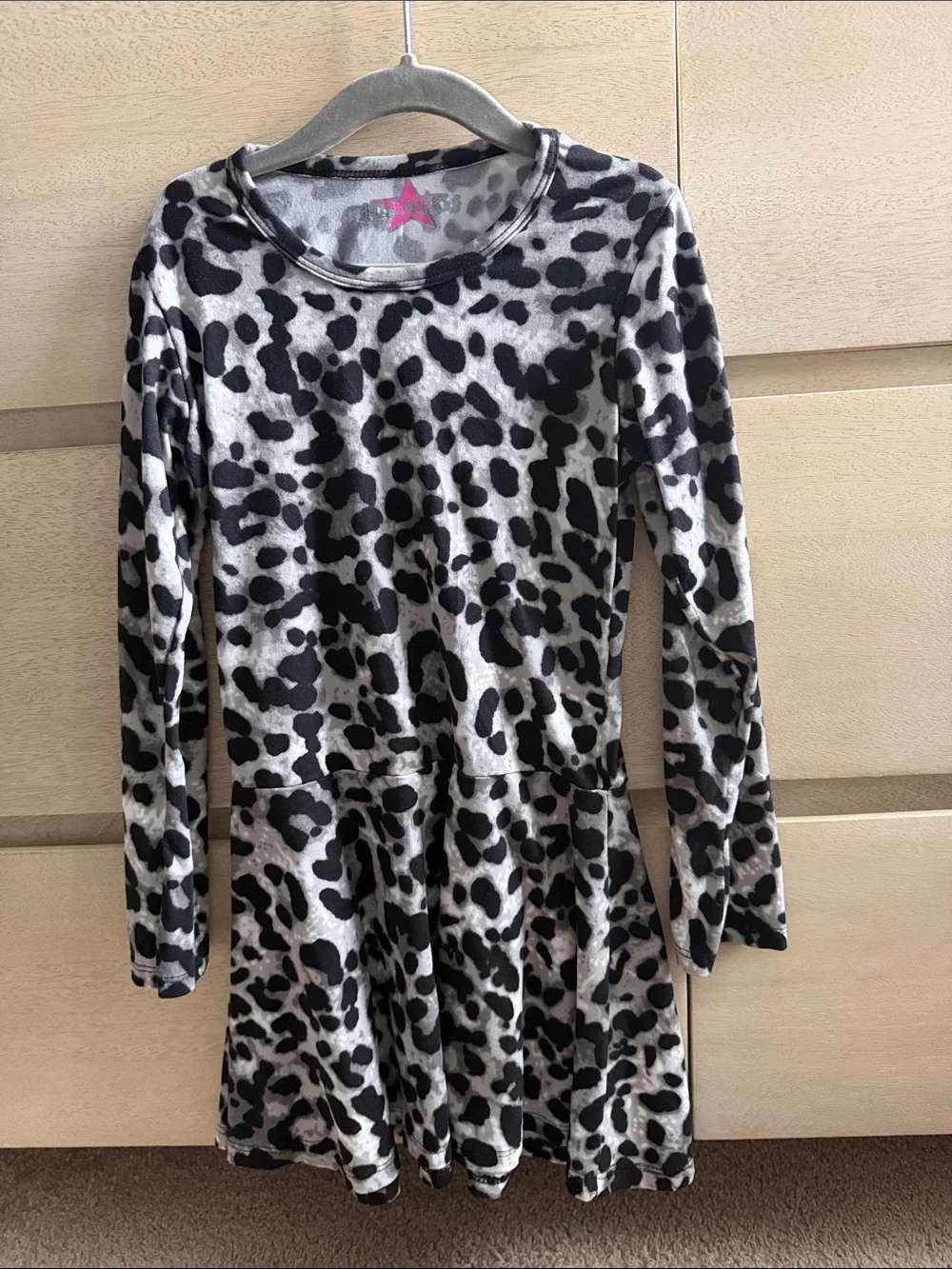 Girls' Long Sleeve Black & White Animal Print Casual Dress